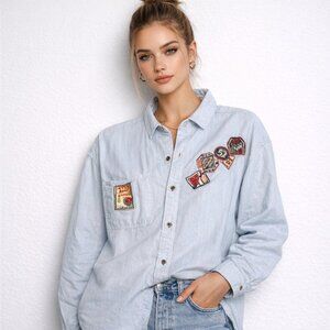 Ultra Pink Womens Vintage Patch Button Up Shirt Light Blue Cotton Size L Retro
